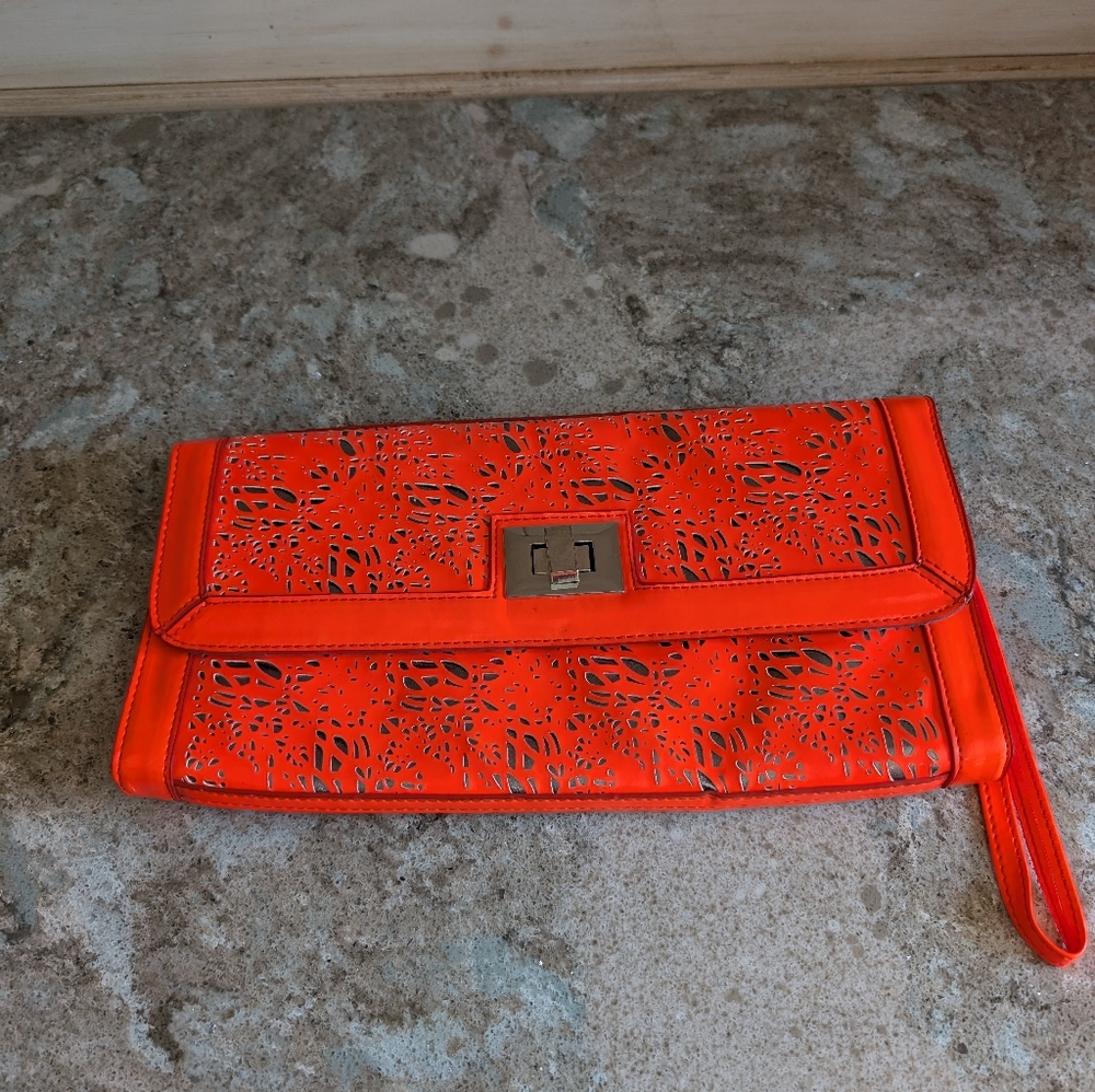 Deena & Ozzy Vivid Neon Orange Lasercut Clutch Acid Wash Wristlet